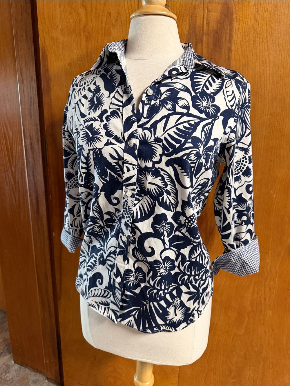 CHAPS Navy White Gingham Floral Button-Up Shirt